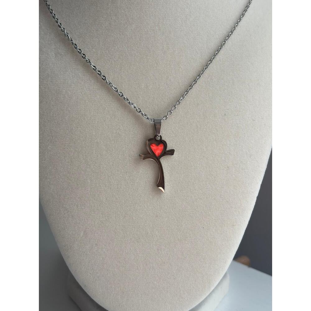 Cross Necklace Red Heart Pendant Silver Stainless Steel Minimal Jewelry - Picture 6 of 6
